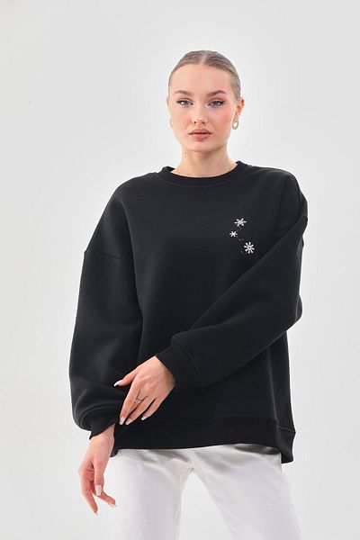 kallima Hanorac gros de iarnă, supradimensionat/larg, cu model fulg de nea, negru, pentru femei, cu fleece în interior