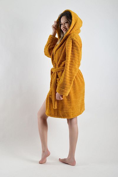 REİNA TEKS Welsoft Unisex Peignoir - Hooded, βελούδινο μπουρνούζι, διπλή τσέπη, ριγέ
