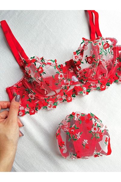 Sage Lingerie Red Flower Embroidered Underwire Tulle Bra Set