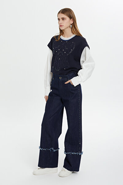 GİZİA Nakış Ve İşleme Detaylı Geniş Paça Mavi Denim Pantolon