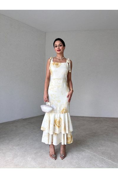 Rabia Çelik Rochie lungă pentru femei cu imprimeu floral galben - cu umăr legat și fustă cu volane