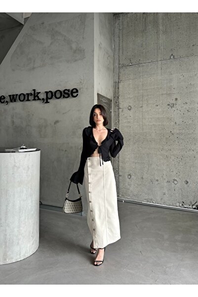 cms jeans Beige Maxi Length Lycra Denim Women's Skirt - Front Buttoned