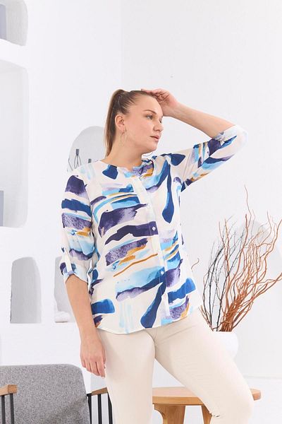 RMG Viscose Plus Size Blue Blouse with Voile Pattern - ButtoneD