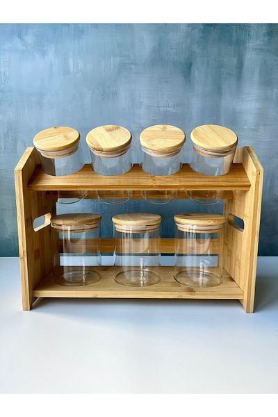 Mottogo 7-piece Bamboo Jar Set - Glass Spice Bowl with Stand, Spice