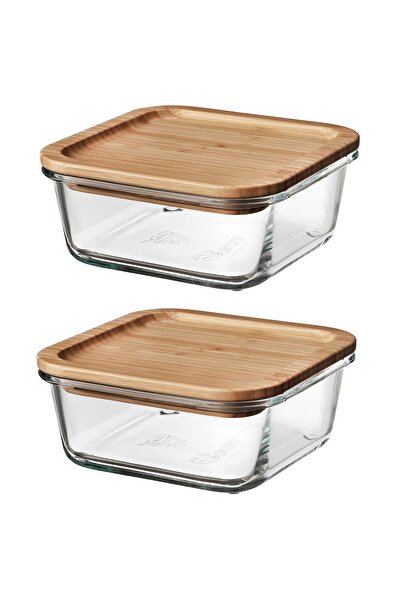 IKEA 2 Adet Bambu Kapaklı Cam Saklama Kabı Kare Kase 15 cm 600 ml
