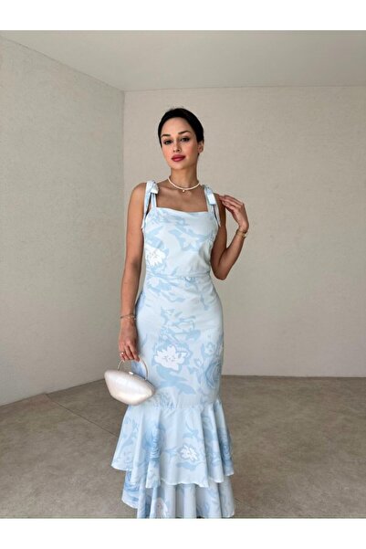 Rabia Çelik Kadın Mavi Çiçek Desenli Omuzları Bağlamalı Etek Ucu FırFırlı Uzu...