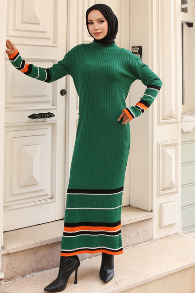 benguen 24206 Πλεκτό Φόρεμα Πράσινο Σμαραγδένιο με Κορδόνι - Σειρά Λεπτομέρεια