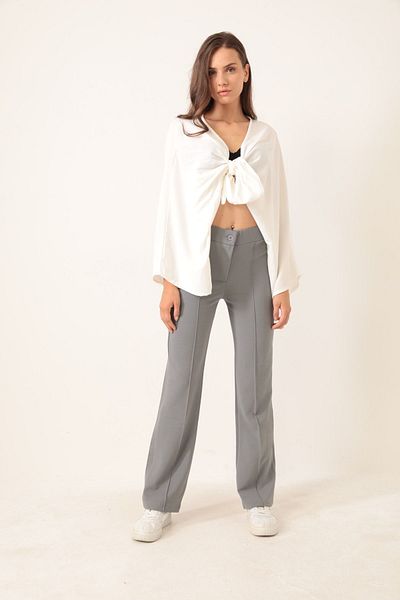 RuyaMood Gray High Waist Lycra Recovery Crepe Palazzo Trousers - Front Striped