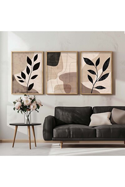 STARYUNA Pictură boho neagră bej din 3 piese cu cadru din lemn Yuna26