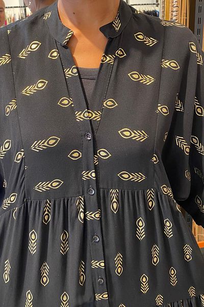 AYASOFYA OTANTIK Black Long Dress with Loose Sleeves - Women'S, Button Detail
