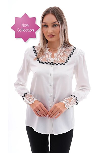 Loom Boutique Kadın Büyük Beden Güpür Dantelli Krep Gömlek G0053