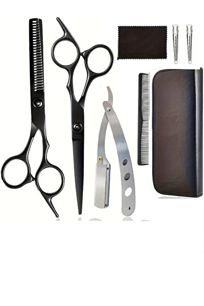valkyrie Kasho 3 Parça 6 Inç 17 Cm Deri Çantalı Kuaför Berber Siyah Saç Makas Seti Ustura Düz Ve Ara Makas