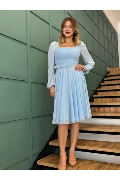 Dans Kolları Tül Detaylı Kare Yaka ,Kemerli Şifon Elbise