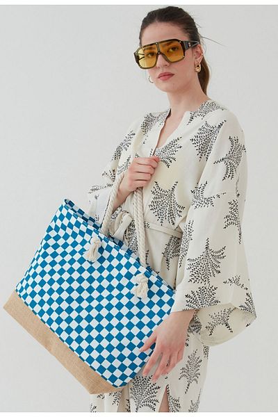 bakacstore Στρογγυλή καφέ ψάθινη τσάντα παραλίας - Ειδικό χρώμα με λουράκι σχοινιού, φερμουάρ και καρό