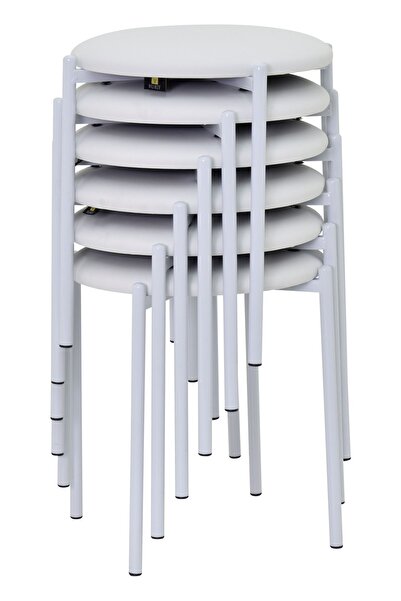 VİLİNZE Nil Beyaz Metal Ayak Deri Istiflenebilir Mutfak-balkon Taburesi (6 ADET)