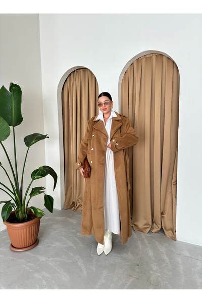 Laluvia Kávový dlouhý kabát s rukávy a nárameníky - 544108