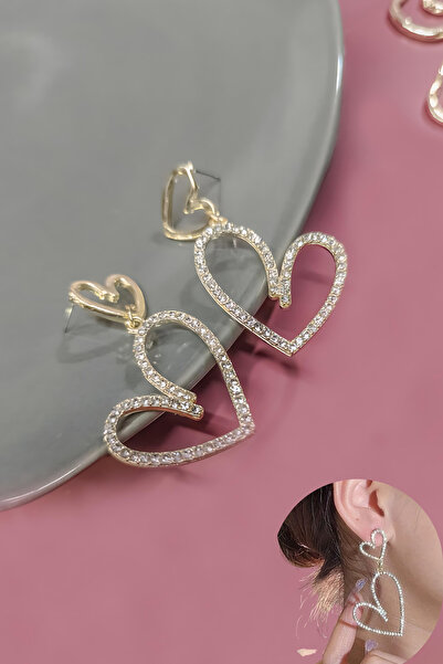 Diloshtrend Design Çift Kalpli Sallantılı Zirkon Taşlı Gold Küpe