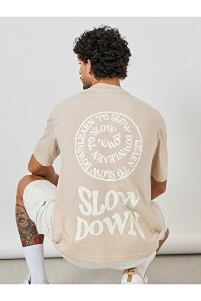 Styli Back Printed Oversized Cotton Rich T-Shirt with Mock Neck Detail