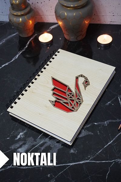 markcat Swan Themed Dotted Notebook with Wooden Cover - Agenda and School Notebook (A5 - 120 Pages)