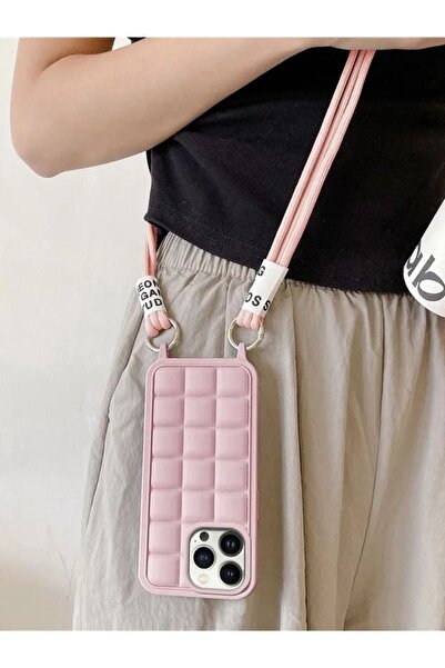 MAB Apple iPhone 14 Pro Compatible Rope Series Neck Strap Silicone Case - Pink