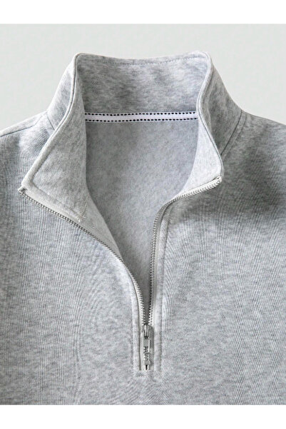 Revasser Unisex Erkek/Kadın Düz Renkli Dik Yaka Yarım Fermuarlı Pamuklu Oversize Sweatshirt