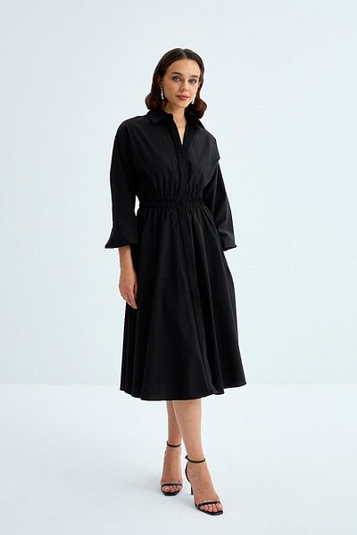 Tuba Butik Black Poplin Long Shirt Dress