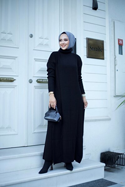 Sfg Life Moda Σετ πλεκτό Hijab με ζιβάγκο - Κοτλέ μακρύ χιτώνα και παντελόνι με λεπτομέρεια με σχισμή