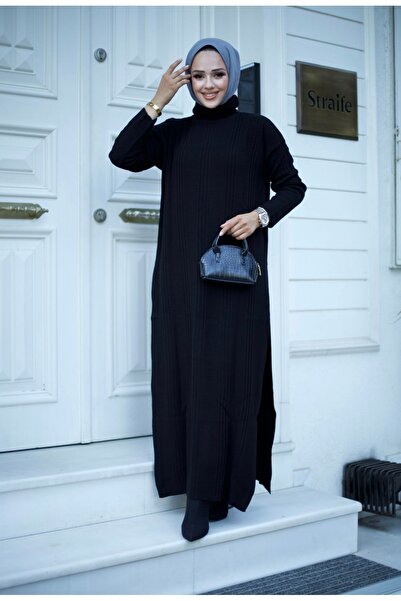 Sfg Life Moda Σετ πλεκτό Hijab με ζιβάγκο - Κοτλέ μακρύ χιτώνα και παντελόνι με λεπτομέρεια με σχισμή