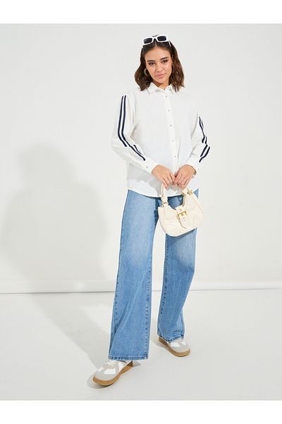 Styli Taping Sleeve Detail Oversized Shirt with Slogan Print