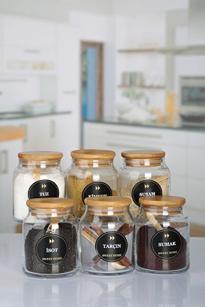 emdeco Etiketli, Bambu Kapaklı Ve Kaşıklı 6'lı Lüx Baharat Takımı 300ml