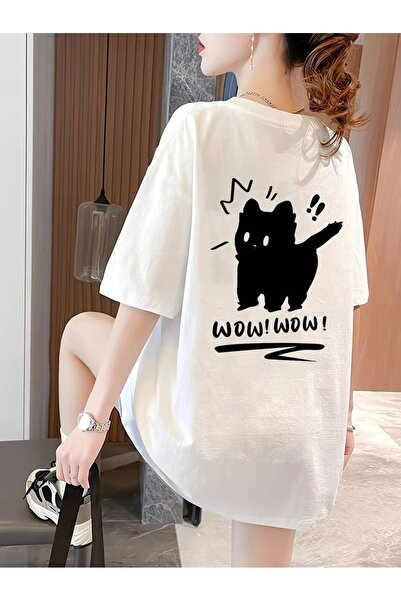 PALPİTO Tricou alb oversize - Wow Cat Printed