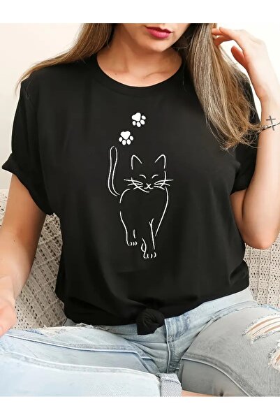 PALPİTO Kadın Siyah Bıyıklı Kedi Baskılı Oversize T-Shirt