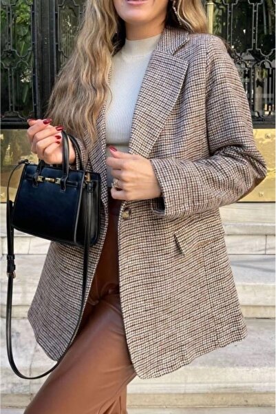 Lavanta Tekstil Kahverengi Astarlı Dirsek Detaylı Tek Düğme Kruvaze Blazer Ceket
