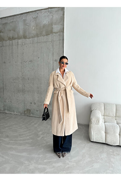 Laluvia Μαλακό μακρύ παλτό με σκούρο μπεζ Teddy Belted- 542127