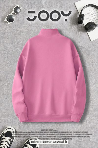 Jooy Company Φούτερ με μισό φερμουάρ με στάμπα ροζ Stand Collar Freedom
