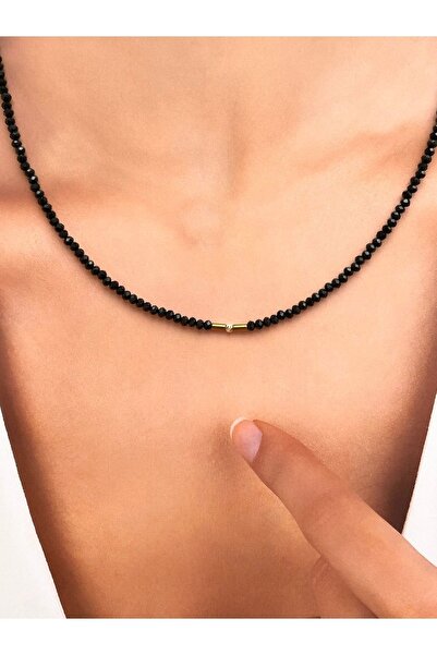 Rupen Kraft 14 Ayar Siyah Kristal Taşlı Minimal Altın Şans Kolyesi