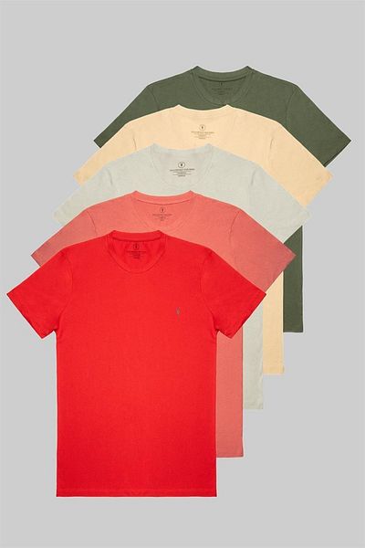 MAXIMILLIAN Men's Red Powder Gray Beige Khaki Regular Fit Crew Neck 100% Cotton T-Shirt Pack of 5