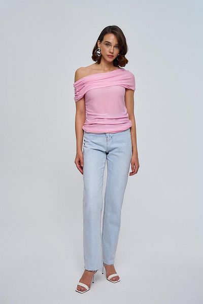 Tuba Butik Pink Knitwear Madonna Collar Women's Blouse - Gathered
