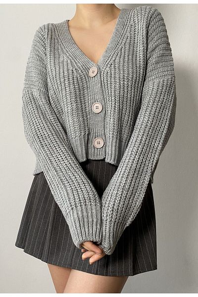 minaaise Light Gray Basic Short V-Neck Knitwear Cardigan 26020