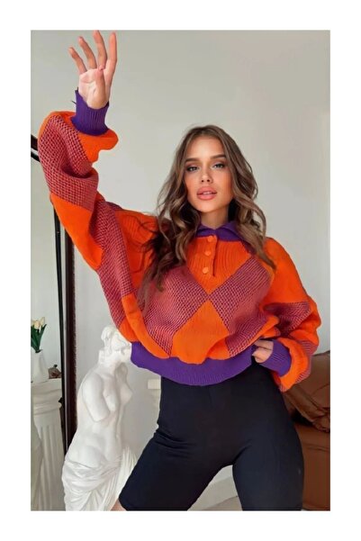 Elysira Kadın Oversize Yeni Nesil Renkli Baklava Desen Kazak, Kadın Triko Kazak