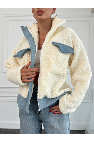 Benisengiydir Ecru Plush Jacket - Shirt Collar, Zippered, Double Pocket