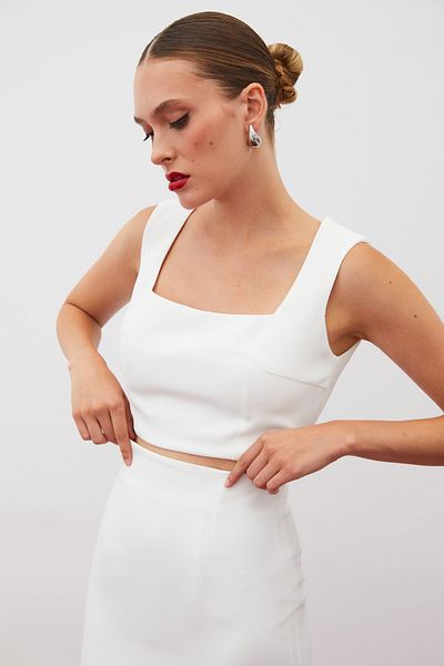Sateen Bluză crop cu guler pătrat ECRU