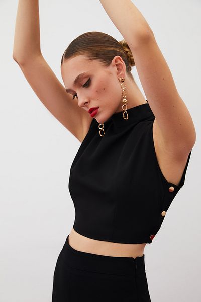 Sateen Bluză neagră crop - cu detaliu snap