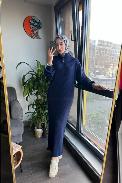 MAXXANA Rochie hijab oversize, cu fermoar, guler, tricot cu nervuri, pentru mărimile 38-44
