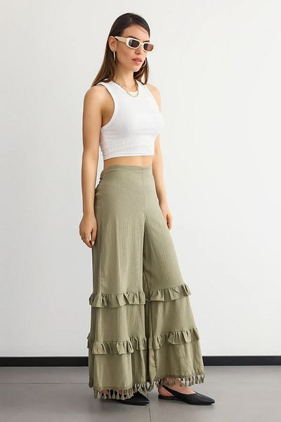 Hiccup Pantaloni largi din in, cu talie înaltă, cu capete cu ciucuri