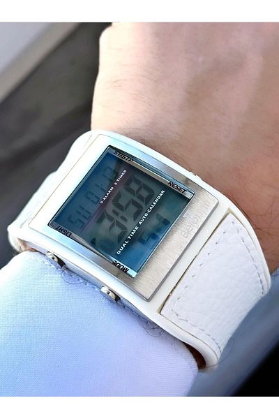 Belonni Men's White Silicone Leather Composite Cord Square Frame Digital Function Watch