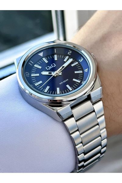 Q&Q Men's Silver Gray Classic Groom Metal Cord Phosphor Line Navy Blue Dial Analog Watch