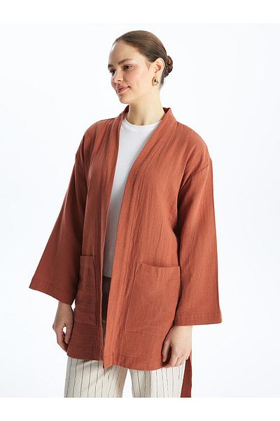 LC Waikiki LCW Modest - Дамско кимоно с дълъг ръкав и яка с цвят канела, голям размер