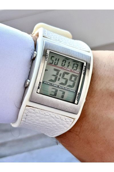 Belonni Men's White Silicone Leather Composite Cord Square Frame Digital Function Watch