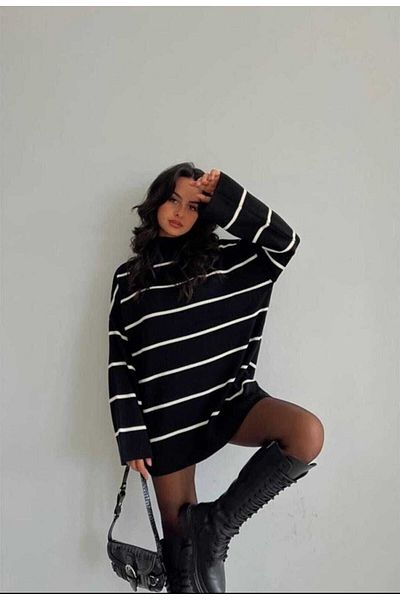 Panashe Pulover de damă, cu jumătate de gât, cu dungi alb-negru, cu mânecă lungă